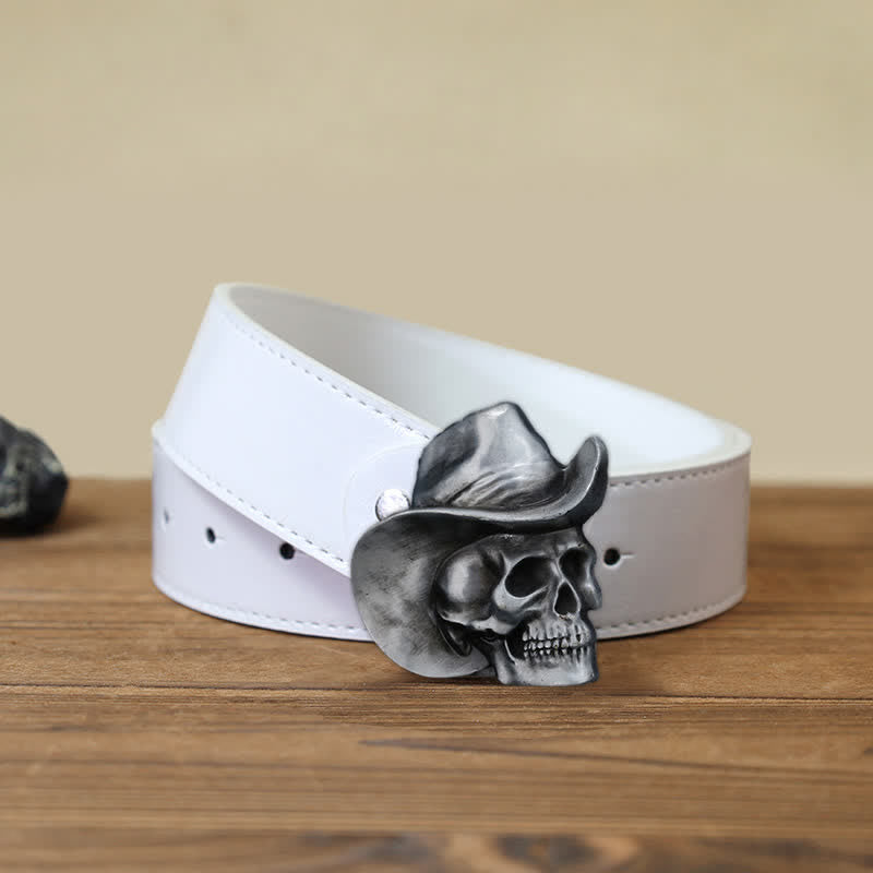 Men's DIY Creative Skull Head With Hat Buckle Leather Belt - Skull Head - White PU Belt (40) - image 5