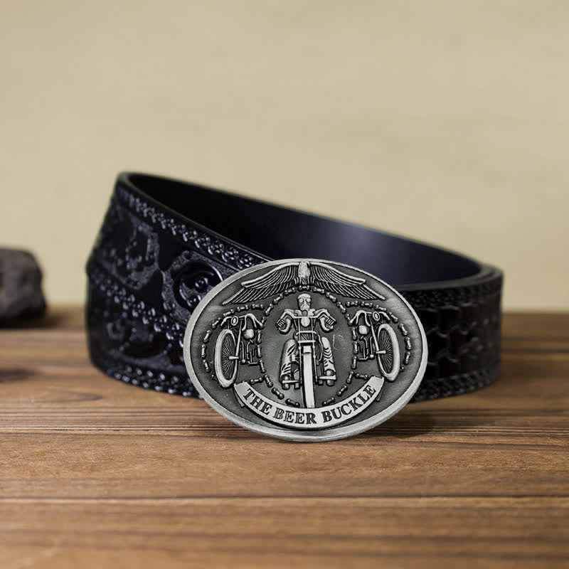 Men's DIY Bicycle Rider Creative Beer Holder Buckle Leather Belt - Silver - Black Carved Belt (40) - image 20