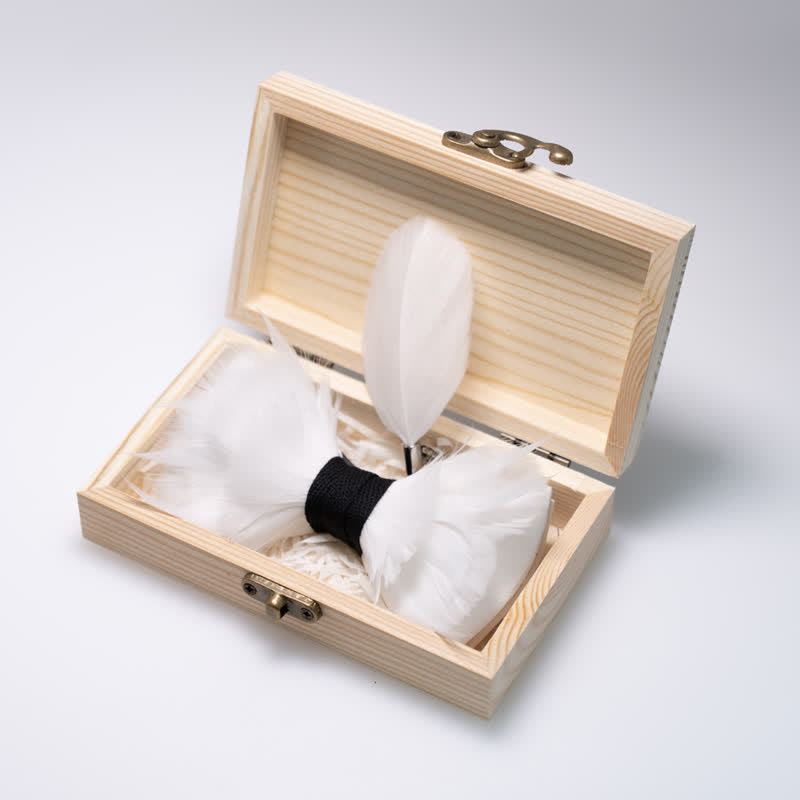 White & Black Elegant Feather Bow Tie with Lapel Pin - image 2