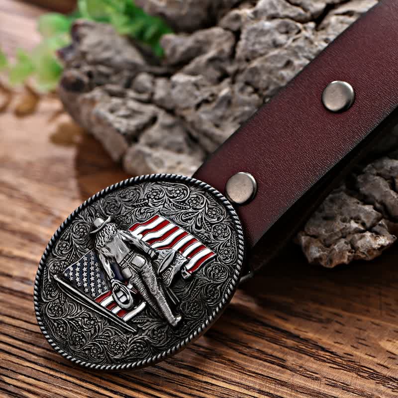 Men's DIY Cowboy American Flag Buckle Leather Belt - image 3