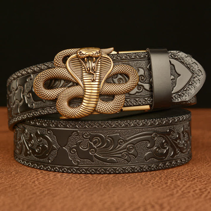 Men's Snake Medallion Buckle Leather Belt - Gold & Black - 46 - image 10