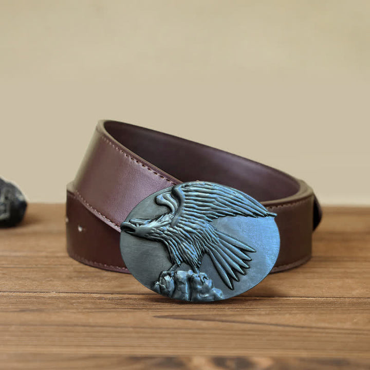 Men's DIY Eagle On Stone Buckle Leather Belt - Silver - Brown PU Belt (40) - image 11