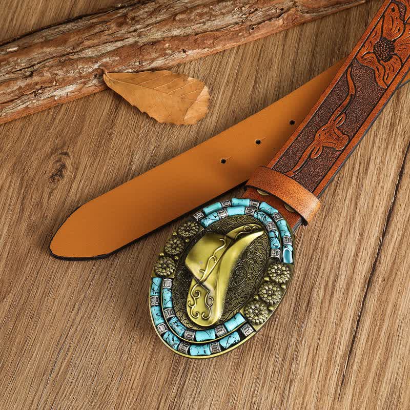 Men's Cowboy Gold Hat Turquoise Decor Leather Belt - image 3