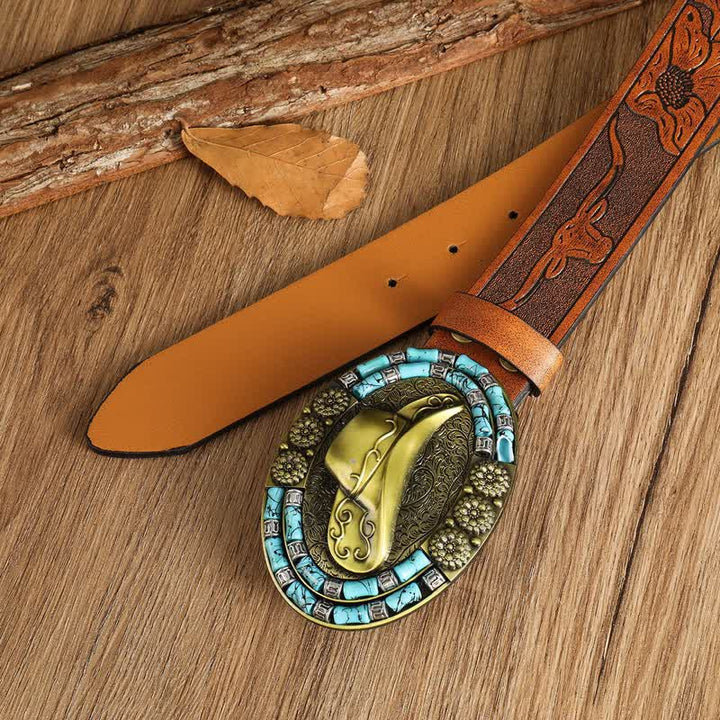 Men's Cowboy Gold Hat Turquoise Decor Leather Belt - image 3