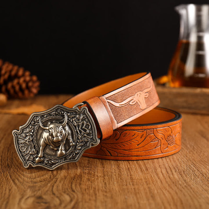 Men's Yak Matador Style Bull Buckle Leather Belt - Orange / Silver - 42 - image 0