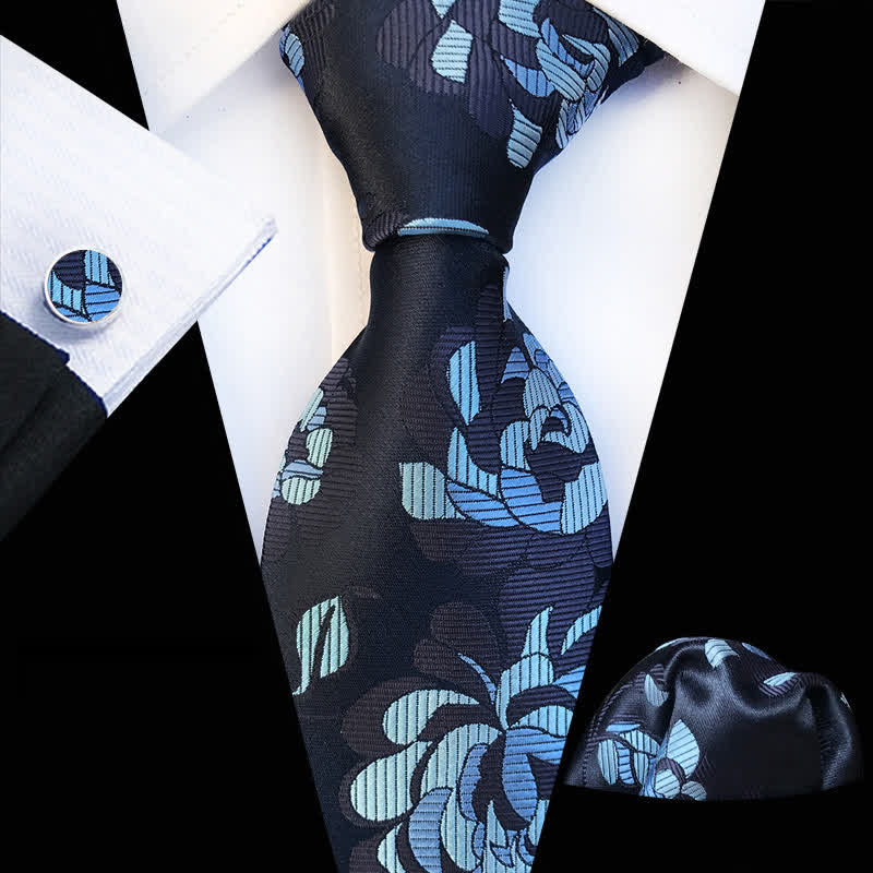3Pcs Men's Chrysanthemum Floral Necktie Set - Navy & SkyBlue - image 0