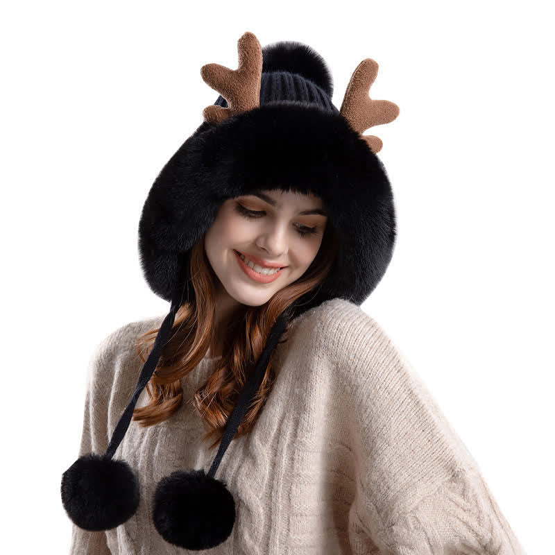 Women's Cute Deer Horn Pompom Knitted Hat - image 5