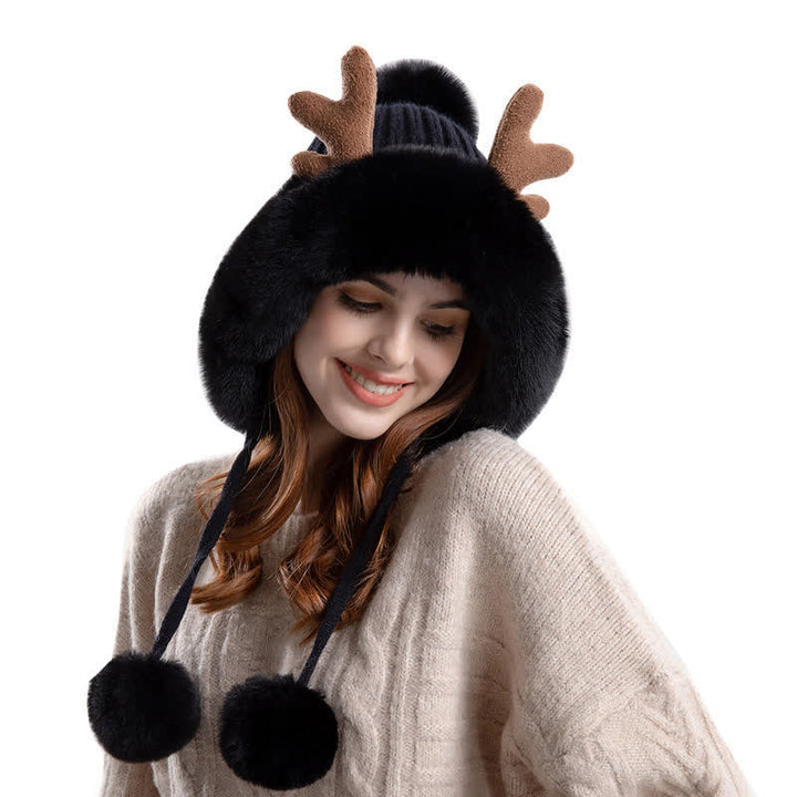 Women's Cute Deer Horn Pompom Knitted Hat - image 5