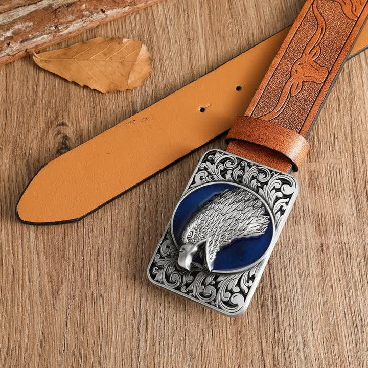 Men's Rectangular Bald Eagle Head Western Leather Belt - image 7
