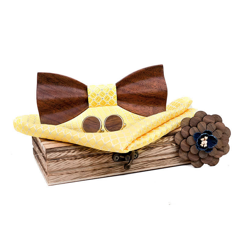 4Pcs Men's Black Walnut Wooden Bow Tie Set - Yellow - image 12
