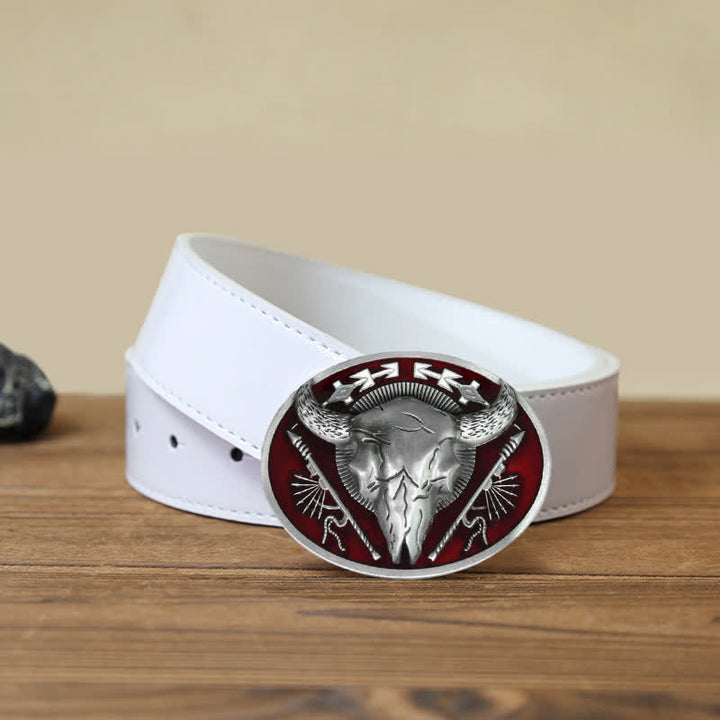 Men's DIY Indian Theme Bull Skull Buckle Leather Belt - Dark Red - White PU Belt (40) - image 6