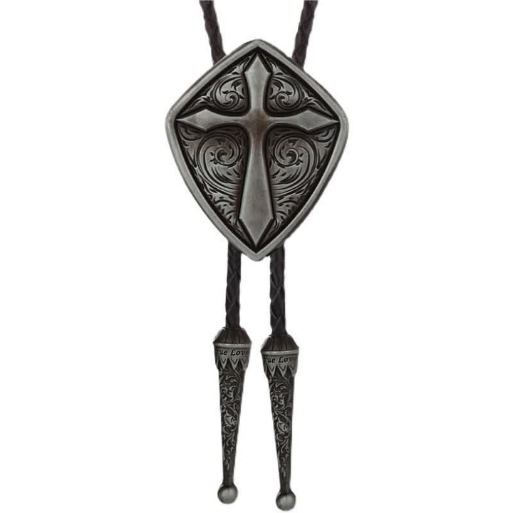 Antiqued Etching Cross Roman Shield Bolo Tie - Antique Silver - image 5
