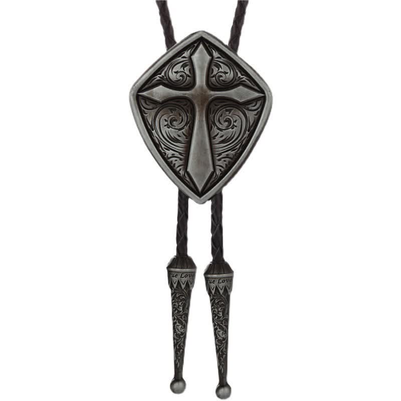Antiqued Etching Cross Roman Shield Bolo Tie - Antique Silver - image 5