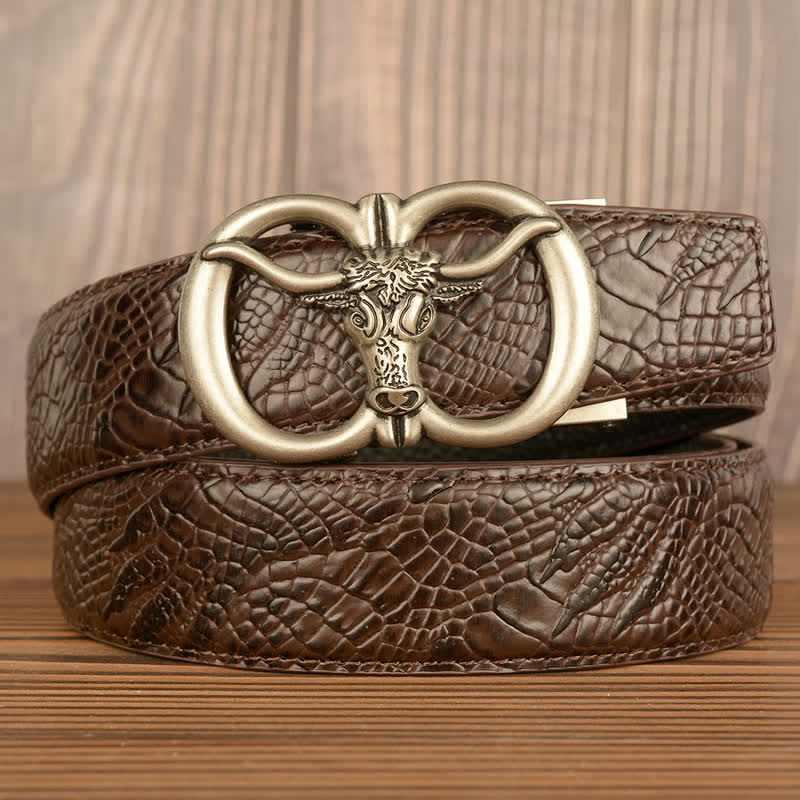 Men's Giant Ox Crocodile Pattern Leather Belt - Silver & Brown - Crocodile Claw - 44 - image 24