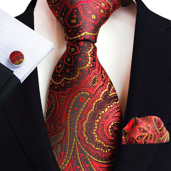 3Pcs Men's Classic Paisley Floral Necktie Set - Red - image 11