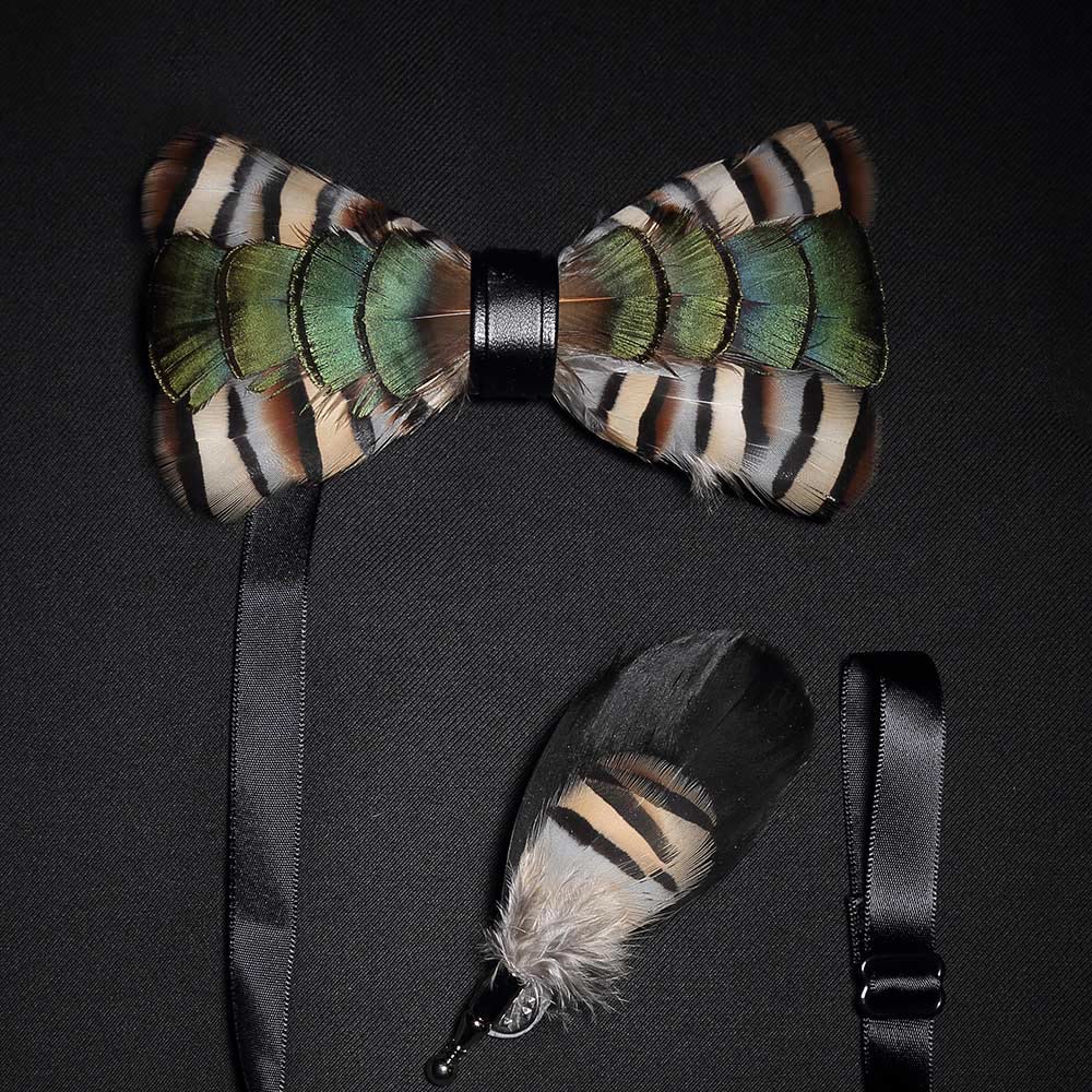 Green & Beige Geese Feather Bow Tie with Lapel Pin - Green & Beige - image 0