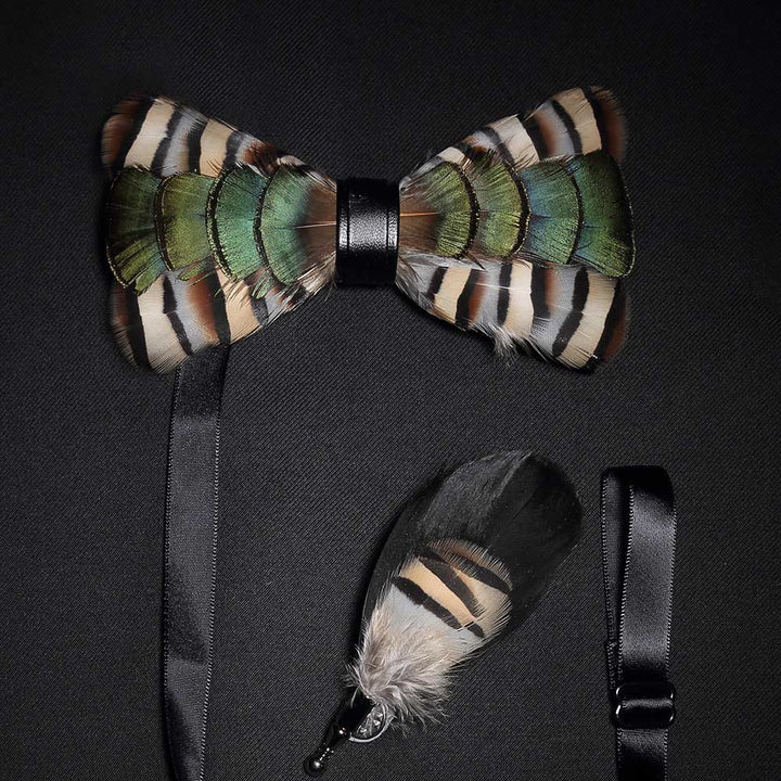 Green & Beige Geese Feather Bow Tie with Lapel Pin - Green & Beige - image 0