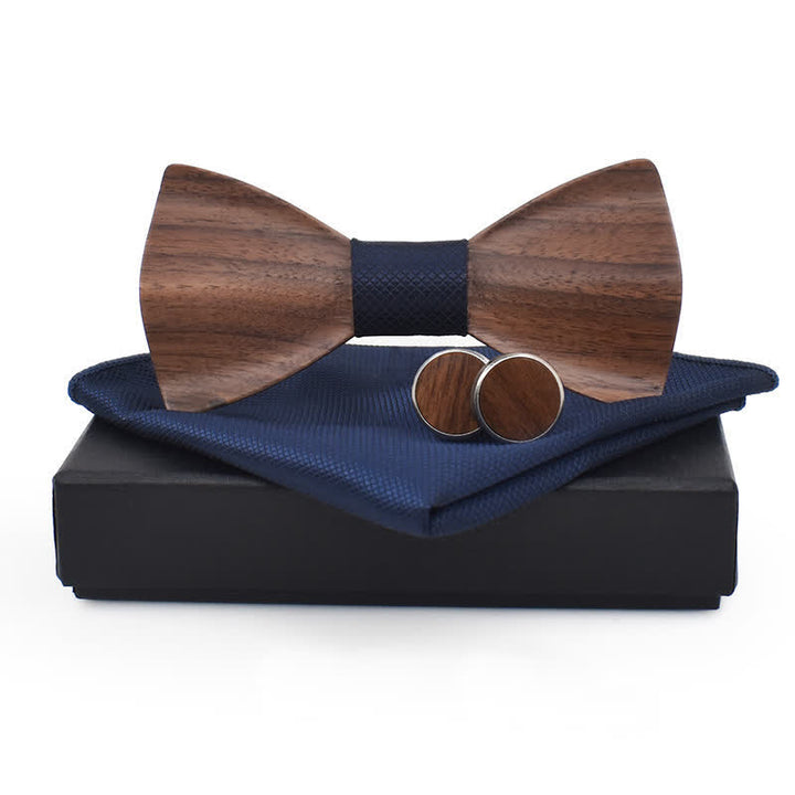 3Pcs Men's Plain Checkered Wooden Bow Tie Set - Navy - image 4