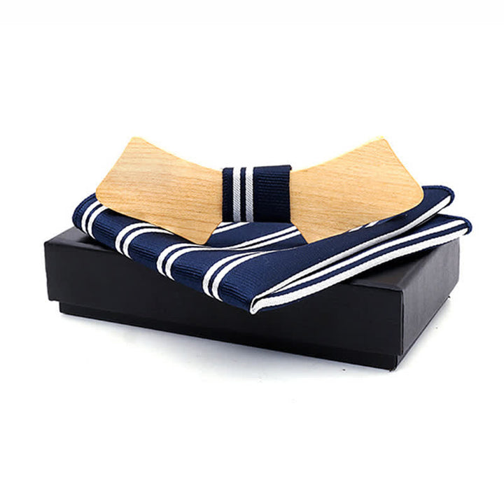 2Pcs Men's Collar-shaped Wooden Bow Tie Set - Navy Striped - image 13