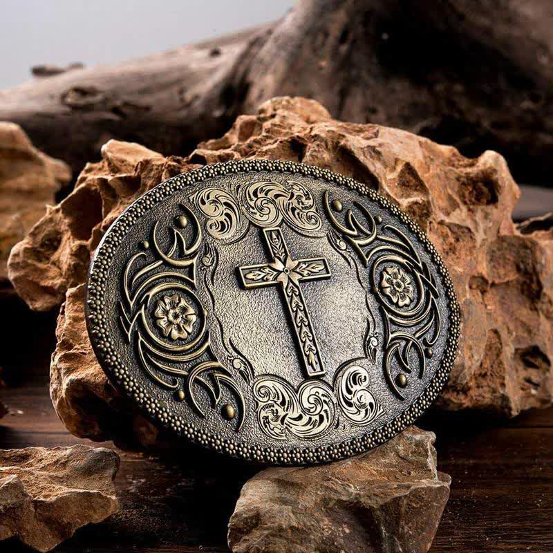 Men's DIY Carved Cross Flower Buckle Leather Belt - Cross - Without Belt - image 0