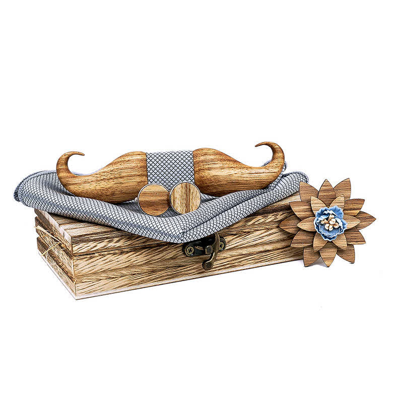 4Pcs Men's Burlywood Moustache Wooden Bow Tie Set - Gray - image 7