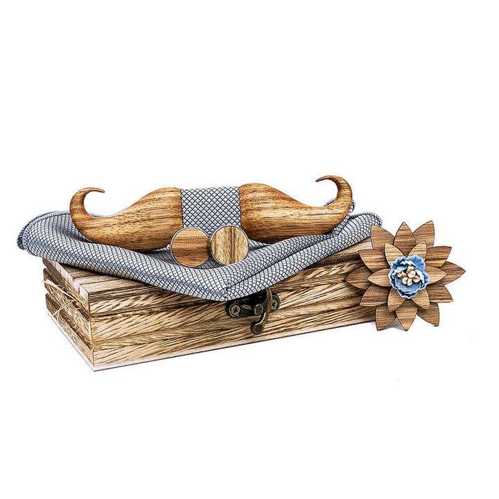 4Pcs Men's Burlywood Moustache Wooden Bow Tie Set - Gray - image 7