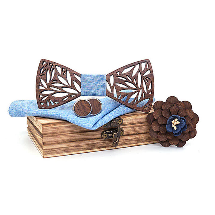 4pcs Men's Hollow Leaf Wooden Bow Tie Set - SkyBlue - image 13