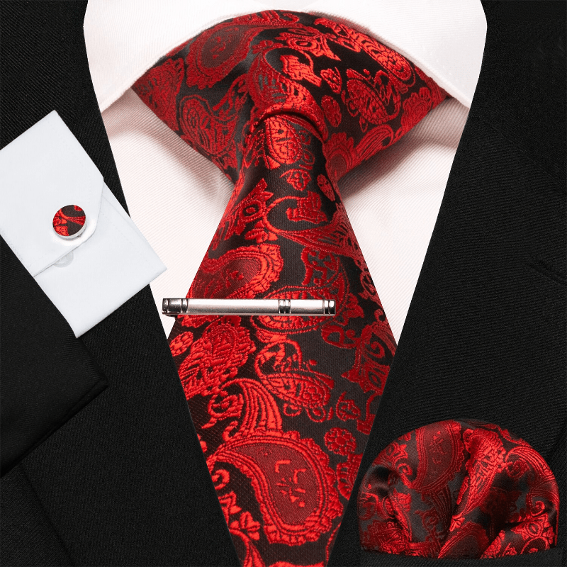 4Pcs Red & Black Men's Glamorous Paisley Necktie Set - Red & Black - image 0