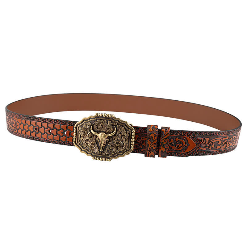 Men's Classic Floral Bull Skull Leather Belt - image 2
