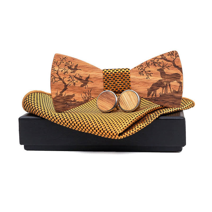 3Pcs Men's Fancy Christmas Elk Wooden Bow Tie Set - Goldenrod - image 11