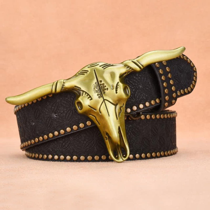 Men's Western Cattle Head Rivet Embossed Leather Belt - image 7