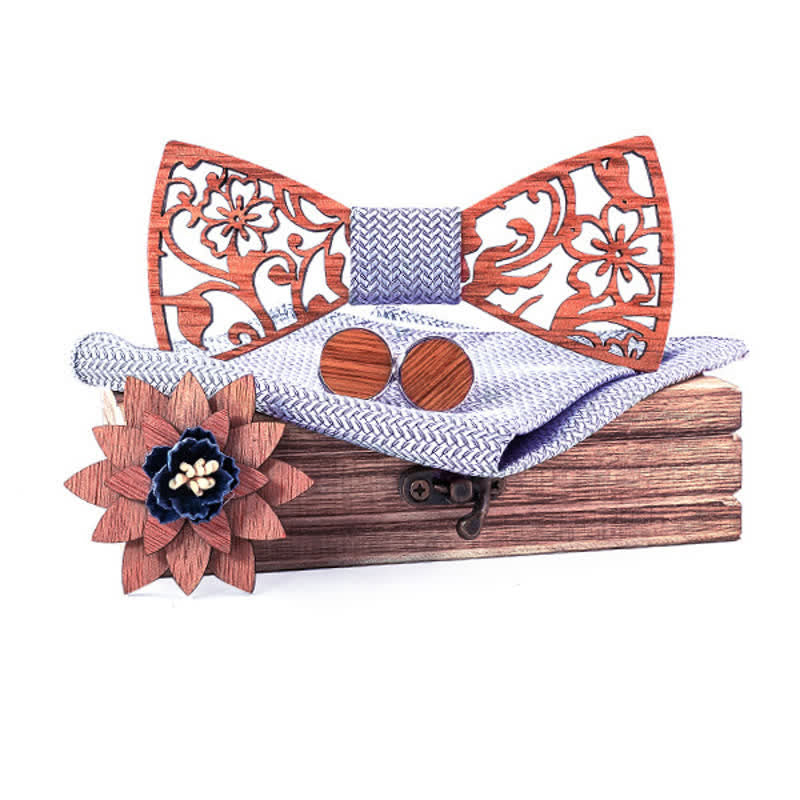 4pcs Men's Hollow Floral Wooden Bow Tie Set - Gray - image 0