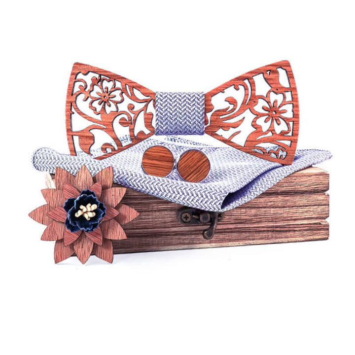 4pcs Men's Hollow Floral Wooden Bow Tie Set - Gray - image 0