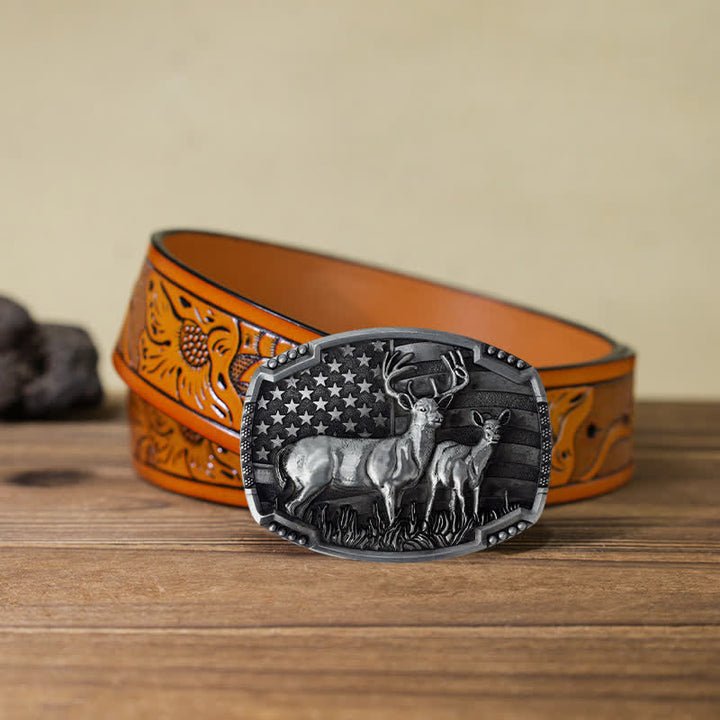 Men's DIY Deer Hunter American Flag Buckle Leather Belt - Silver Deers - Orange Carved Belt (40) - image 41