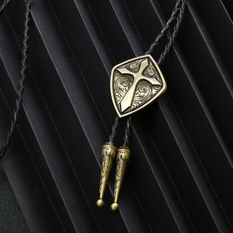 Antiqued Etching Cross Roman Shield Bolo Tie - image 2