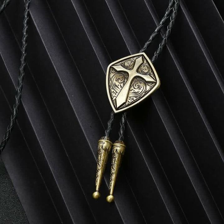 Antiqued Etching Cross Roman Shield Bolo Tie - image 2