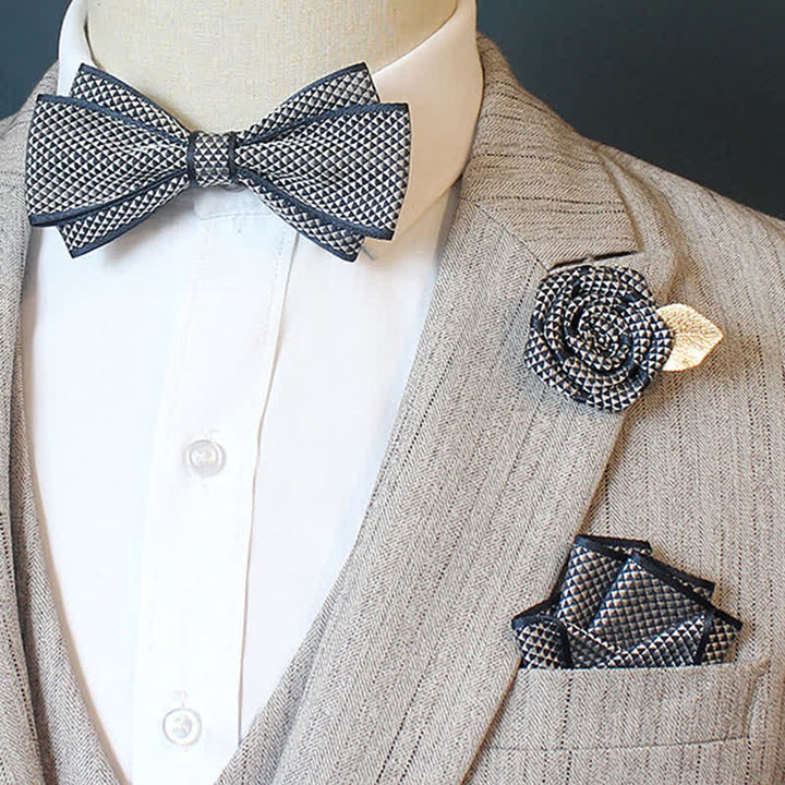 3Pcs Men's Micro Check Wedding Groom Bow Tie Set - Plain - Navy Blue - image 4