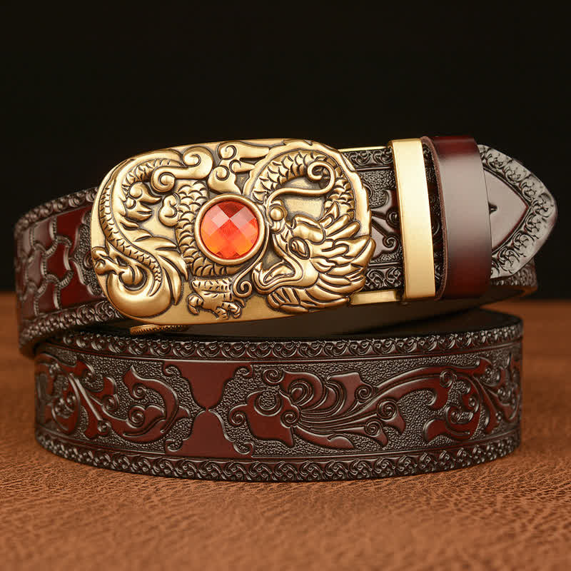 Men's Engraved Dragon Gemstone Leather Belt - Brown & Ruby - 46 - image 0