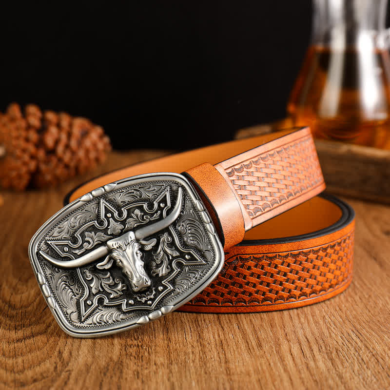 Men's Western Style Cow Head Printed Leather Belt - Yellowish-Brown / Silver - 38 - image 8