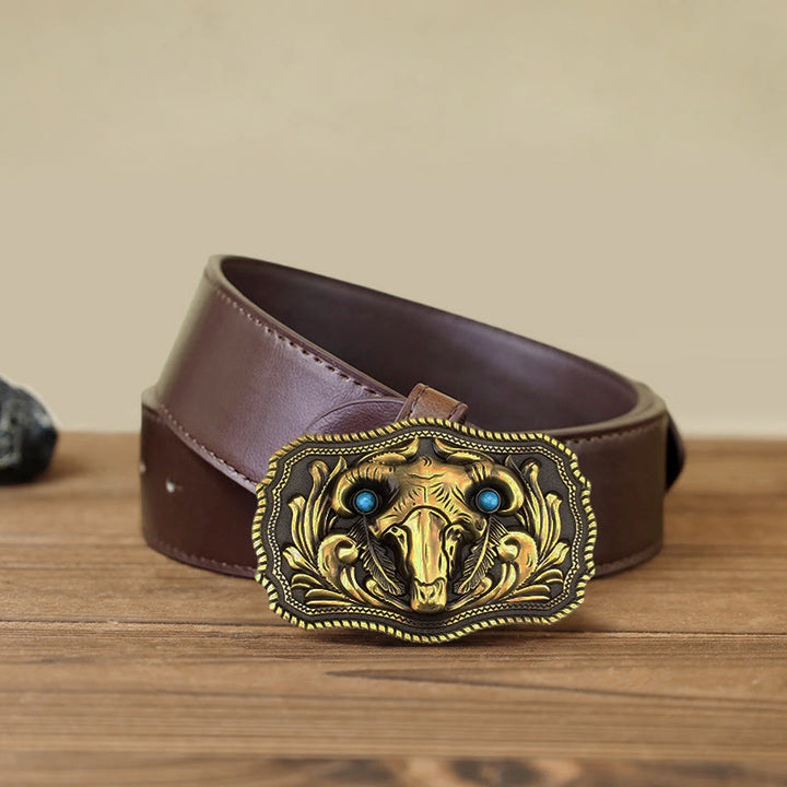 Men's DIY Goat Skull Turquoise Buckle Leather Belt - Gold - Brown PU Belt (40) - image 9