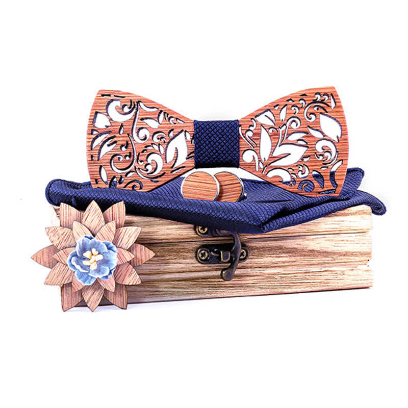 4Pcs Men's Plant Hollow Wooden Bow Tie Set - Navy - image 8