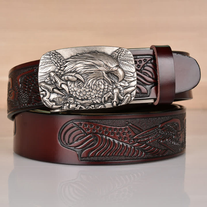 Men's Mighty Eagle Sharp Claw Automatic Buckle Leather Belt - Coffee / Silver - 46 - image 8
