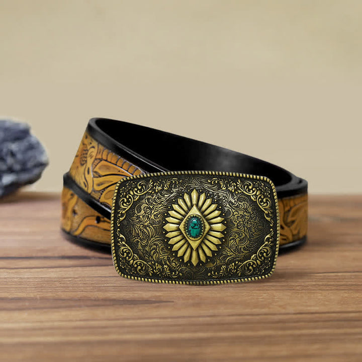 Men's DIY Square Turquoise Western Buckle Leather Belt - Antique Gold - SandyBrown Belt (40) - image 24