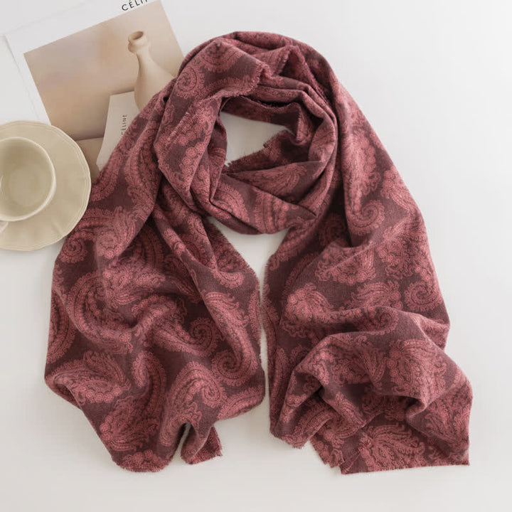 Women's Paisley Fall Winter Short Tasseled Scarf - Burgundy - image 6