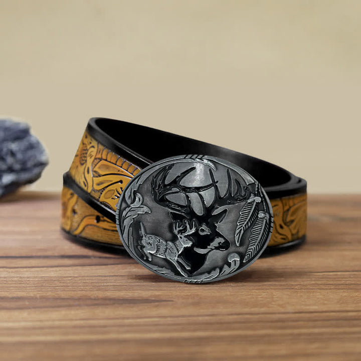 Men's DIY Deer Hunting Antlers Buckle Leather Belt - Deer - SandyBrown Belt (40) - image 13