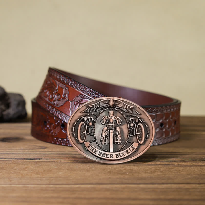 Men's DIY Bicycle Rider Creative Beer Holder Buckle Leather Belt - Copper - Brown Carved Belt (40) - image 26