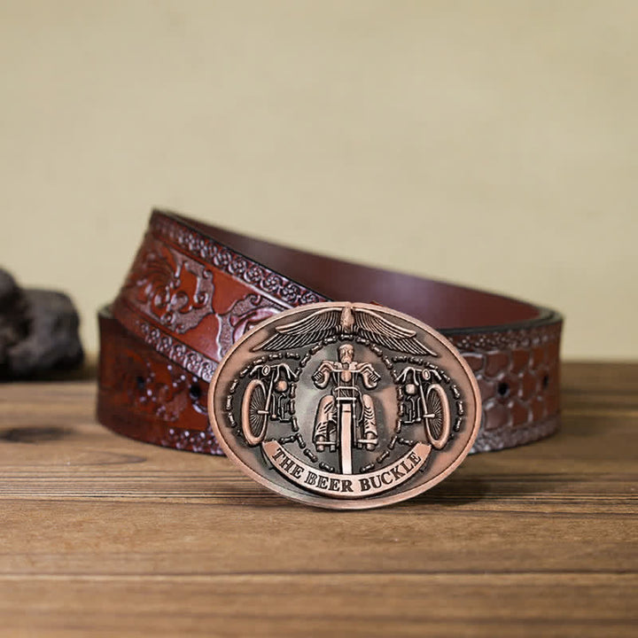Men's DIY Bicycle Rider Creative Beer Holder Buckle Leather Belt - Copper - Brown Carved Belt (40) - image 26