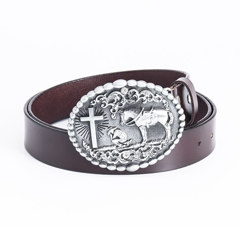 Men's Steed Cross Kneeling Prayer Leather Belt - Leather Linker - Brown - 46 - image 14