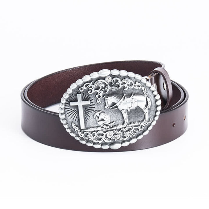 Men's Steed Cross Kneeling Prayer Leather Belt - Leather Linker - Brown - 46 - image 14