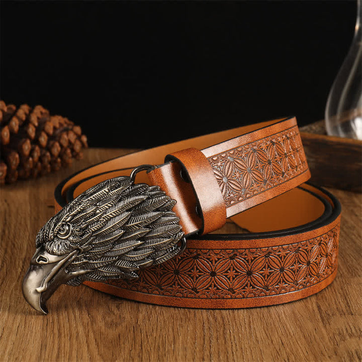 Men's Eagle Head Realistic Vulture Western Leather Belt - Brown #2 / Silver - 42 - image 8